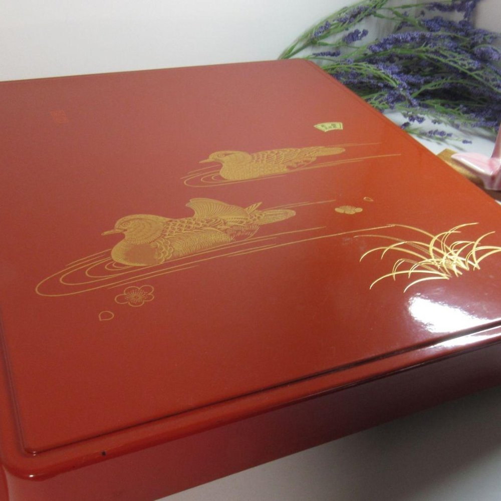 Ducks Japanese Lacquer Box, orange lacquer box, As